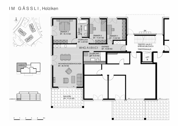 Plan Erdgeschoss 4 ½-Zimmer-Wohnungen A1/B1/C1